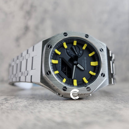 Casioak Mod Watch Silver Case Metal Strap Black Yellow Time Mark Black Dial 44mm- Casioak Mod Casio G-Shock Royal Oak Custom Mens Luxury Watches Ga2100