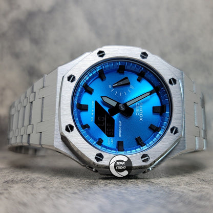 Casioak Mod Watch Silver Case Metal Strap Blue Black Time Mark Metallic Blue Dial 44mm- Casioak Mod Casio G-Shock Royal Oak Custom Mens Luxury Watches Ga2100