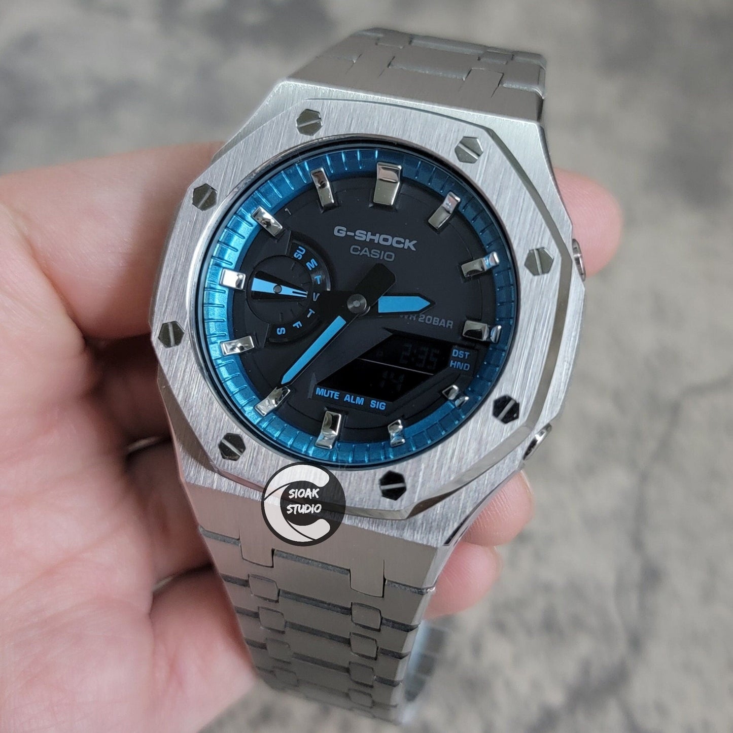 Casioak Mod Watch Silver Case Metal Strap Blue Silver Time Mark Black Dial 44mm- Casioak Mod Casio G-Shock Royal Oak Custom Mens Luxury Watches Ga2100