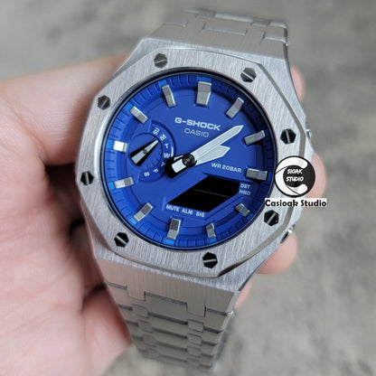 Casioak Mod Watch Silver Case Metal Strap Blue Silver Time Mark Blue Dial 44mm- Casioak Mod Casio G-Shock Royal Oak Custom Mens Luxury Watches Ga2100