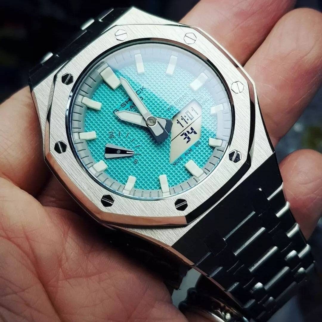 Casioak Mod Watch Silver Case Metal Strap Light Gray White Time Mark Tiff Blue Dial 44mm- Casioak Mod Casio G-Shock Royal Oak Custom Mens Luxury Watches Ga2100