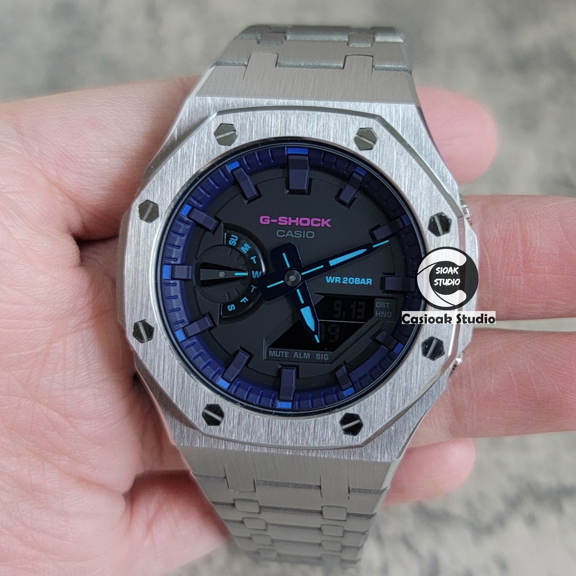 Casioak Mod Watch Silver Case Metal Strap Purple Black Time Mark Black Dial 44mm- Casioak Mod Casio G-Shock Royal Oak Custom Mens Luxury Watches Ga2100