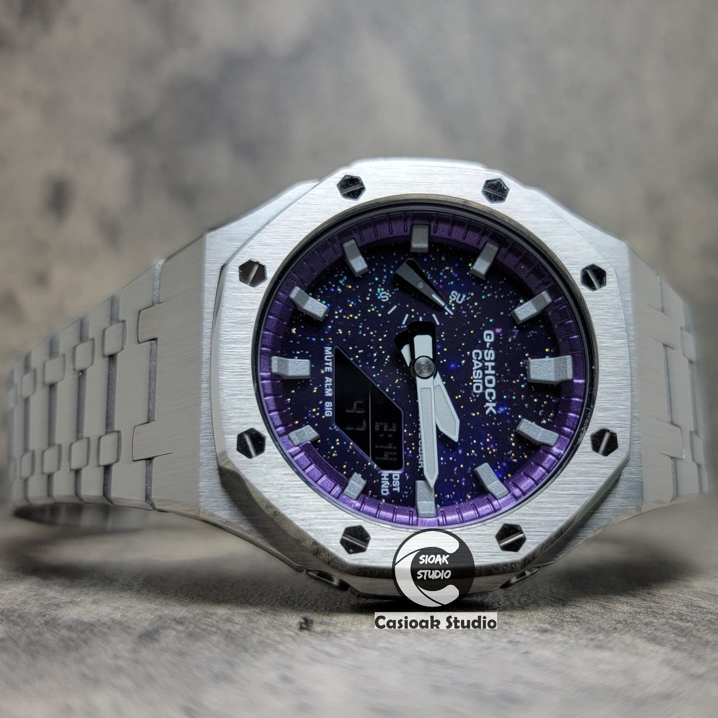 Casioak Mod Watch Silver Case Metal Strap Purple Silver Time Mark Purple Dial 44mm- Casioak Mod Casio G-Shock Royal Oak Custom Mens Luxury Watches Ga2100