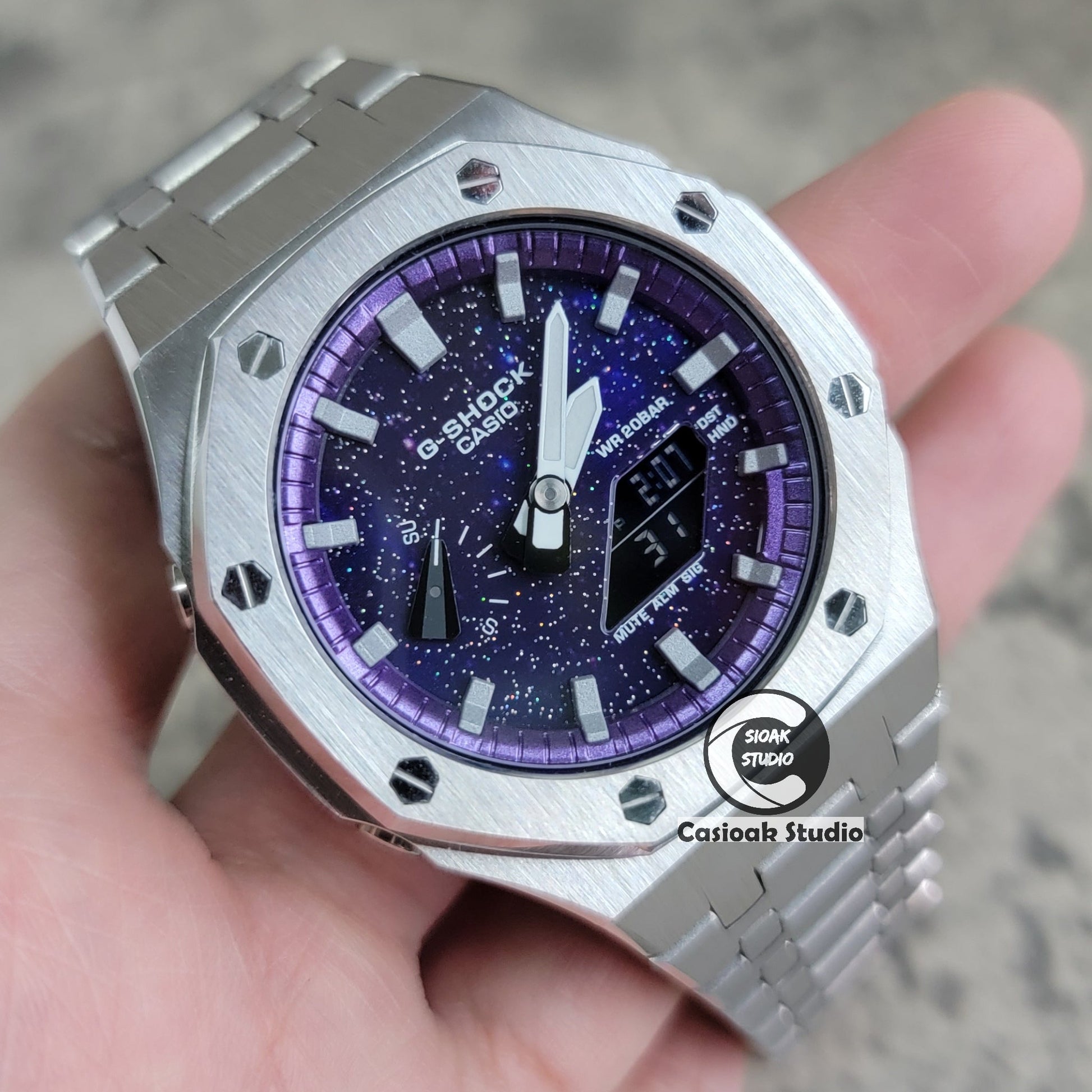 Casioak Mod Watch Silver Case Metal Strap Purple Silver Time Mark Purple Dial 44mm- Casioak Mod Casio G-Shock Royal Oak Custom Mens Luxury Watches Ga2100