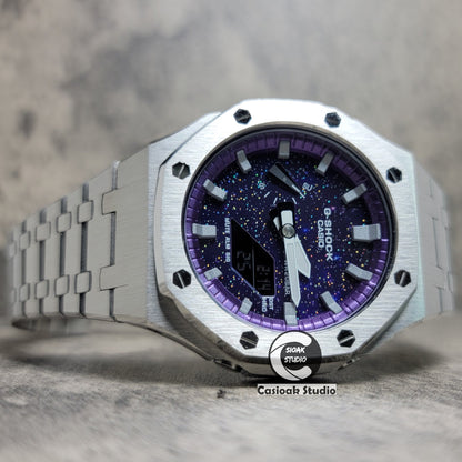 Casioak Mod Watch Silver Case Metal Strap Purple Silver Time Mark Purple Dial 44mm- Casioak Mod Casio G-Shock Royal Oak Custom Mens Luxury Watches Ga2100