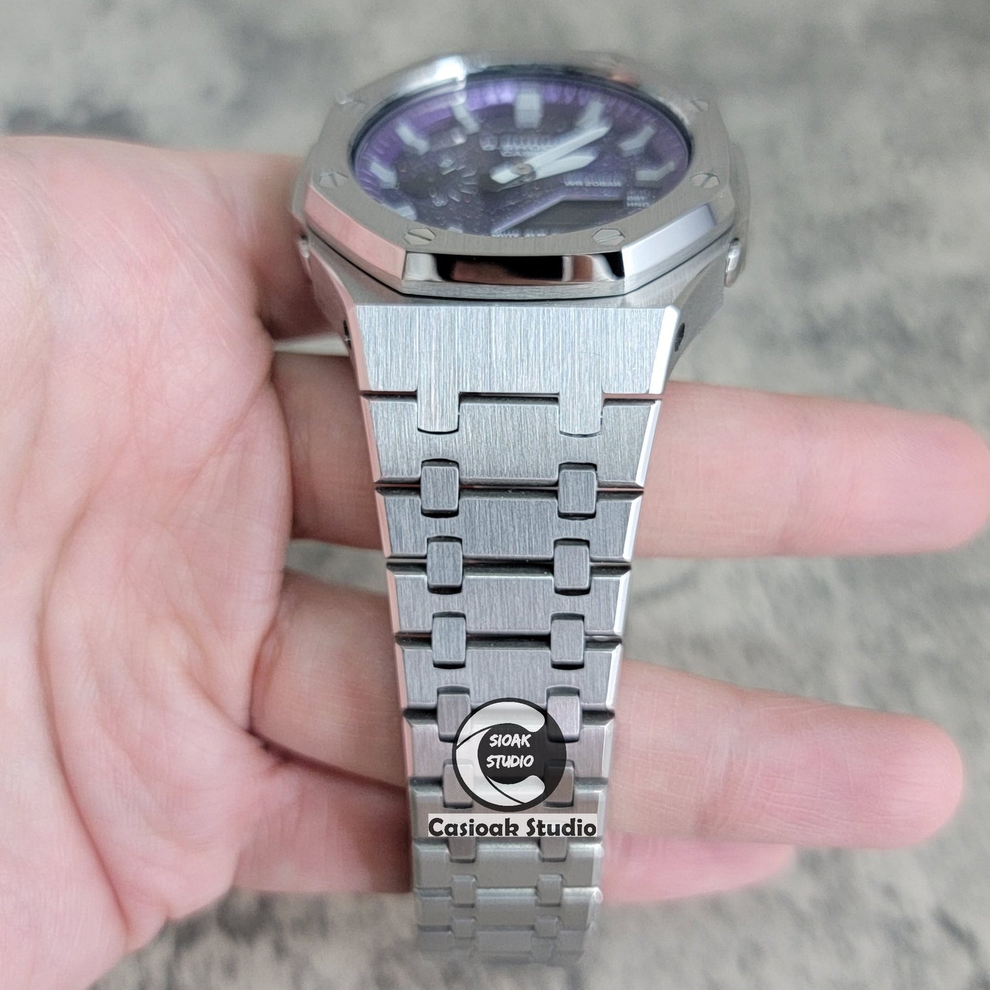 Casioak Mod Watch Silver Case Metal Strap Purple Silver Time Mark Purple Dial 44mm- Casioak Mod Casio G-Shock Royal Oak Custom Mens Luxury Watches Ga2100