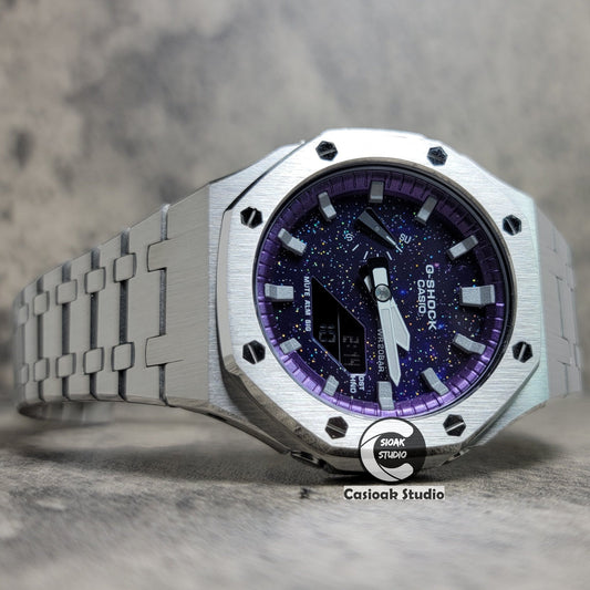 Casioak Mod Watch Silver Case Metal Strap Purple Silver Time Mark Purple Dial 44mm- Casioak Mod Casio G-Shock Royal Oak Custom Mens Luxury Watches Ga2100