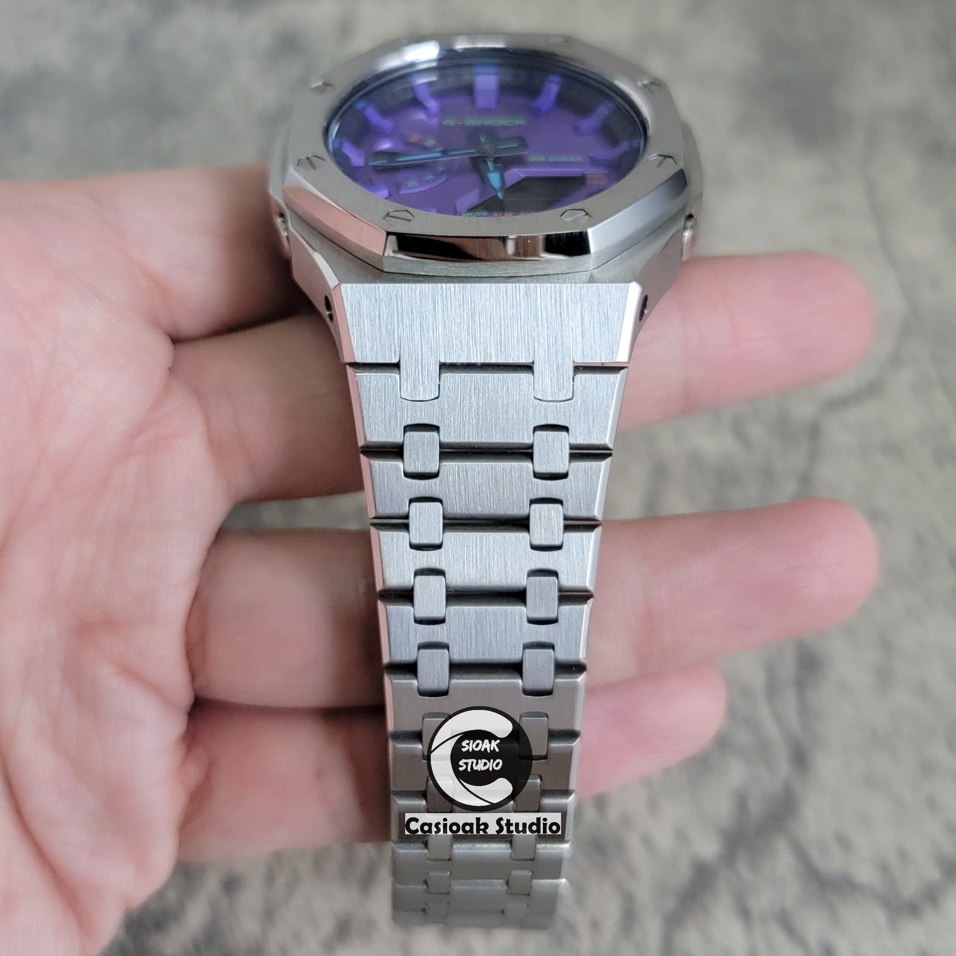 Casioak Mod Watch Silver Case Metal Strap Purple Time Mark Purple Dial 44mm- Casioak Mod Casio G-Shock Royal Oak Custom Mens Luxury Watches Ga2100