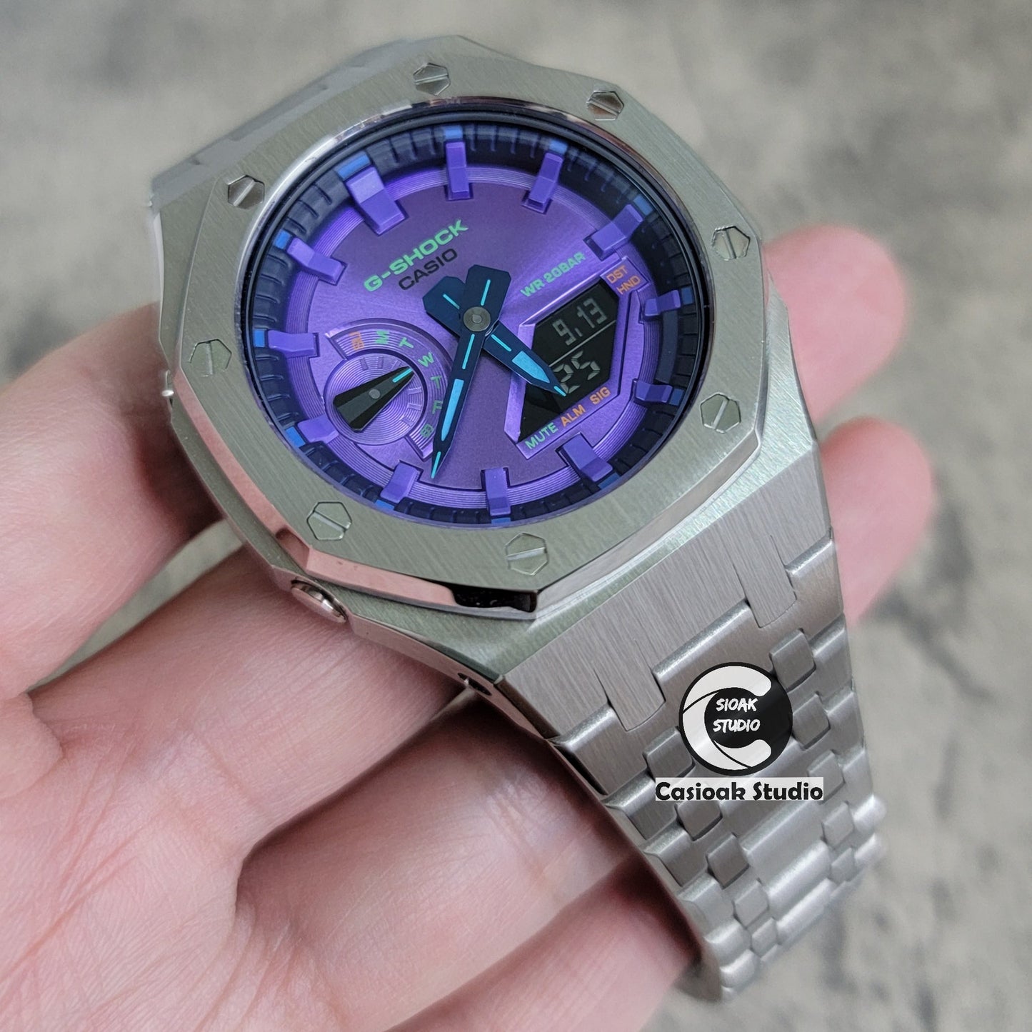 Casioak Mod Watch Silver Case Metal Strap Purple Time Mark Purple Dial 44mm- Casioak Mod Casio G-Shock Royal Oak Custom Mens Luxury Watches Ga2100