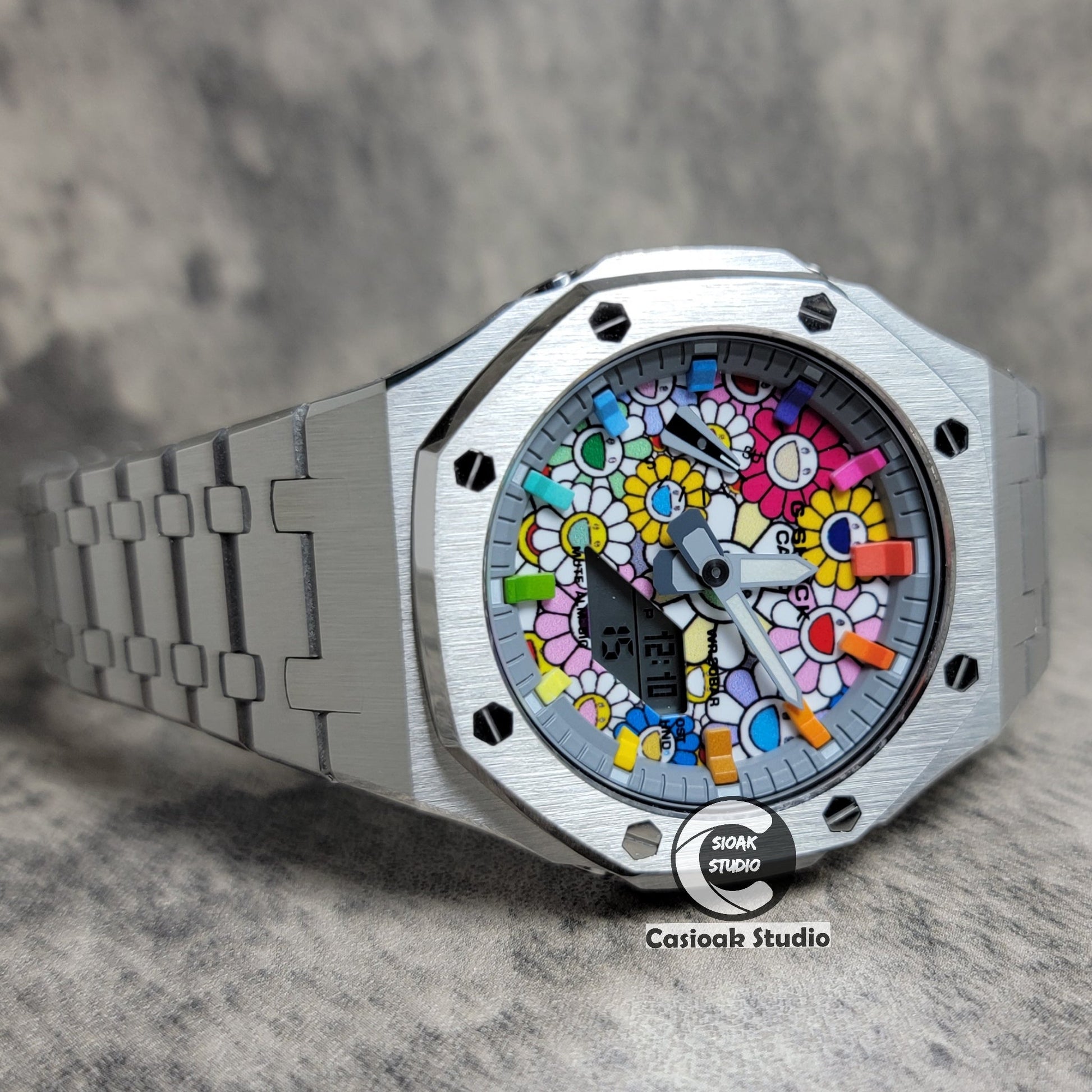 Casioak Mod Watch Silver Case Metal Strap Rainbow Time Mark Takashi Murakami Dial 44mm- Casioak Mod Casio G-Shock Royal Oak Custom Mens Luxury Watches Ga2100