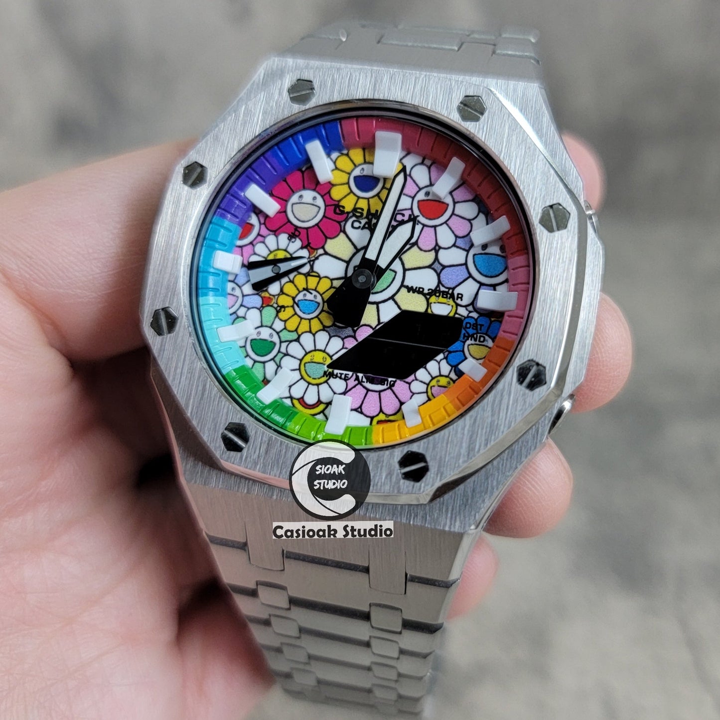 Casioak Mod Watch Silver Case Metal Strap Rainbow White Time Mark Takashi Murakami Dial 44mm- Casioak Mod Casio G-Shock Royal Oak Custom Mens Luxury Watches Ga2100