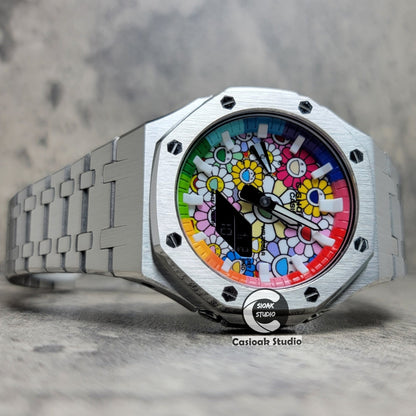 Casioak Mod Watch Silver Case Metal Strap Rainbow White Time Mark Takashi Murakami Dial 44mm- Casioak Mod Casio G-Shock Royal Oak Custom Mens Luxury Watches Ga2100