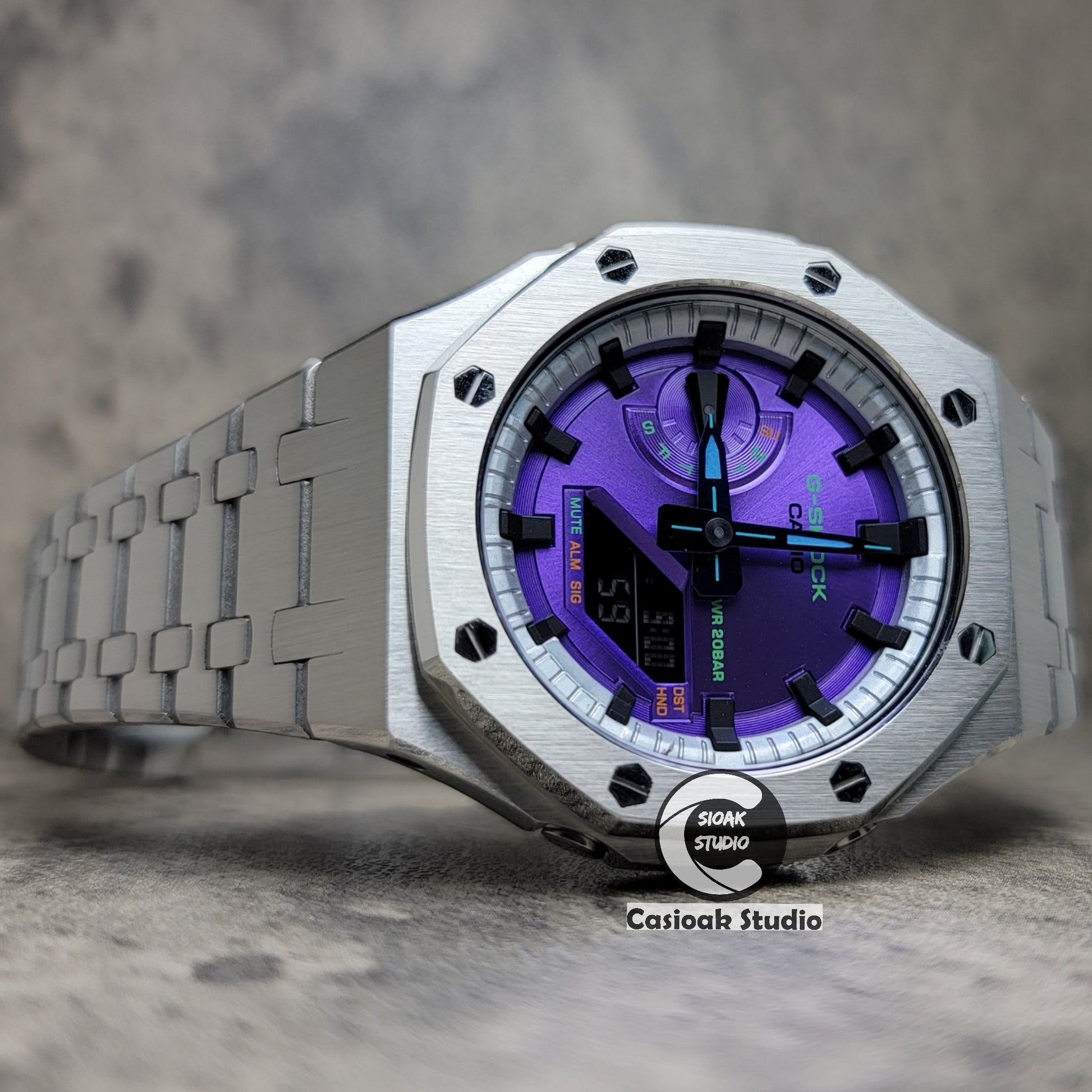 Casioak Mod Watch Silver Case Metal Strap Silver Black Time Mark Purple Dial 44mm- Casioak Mod Casio G-Shock Royal Oak Custom Mens Luxury Watches Ga2100