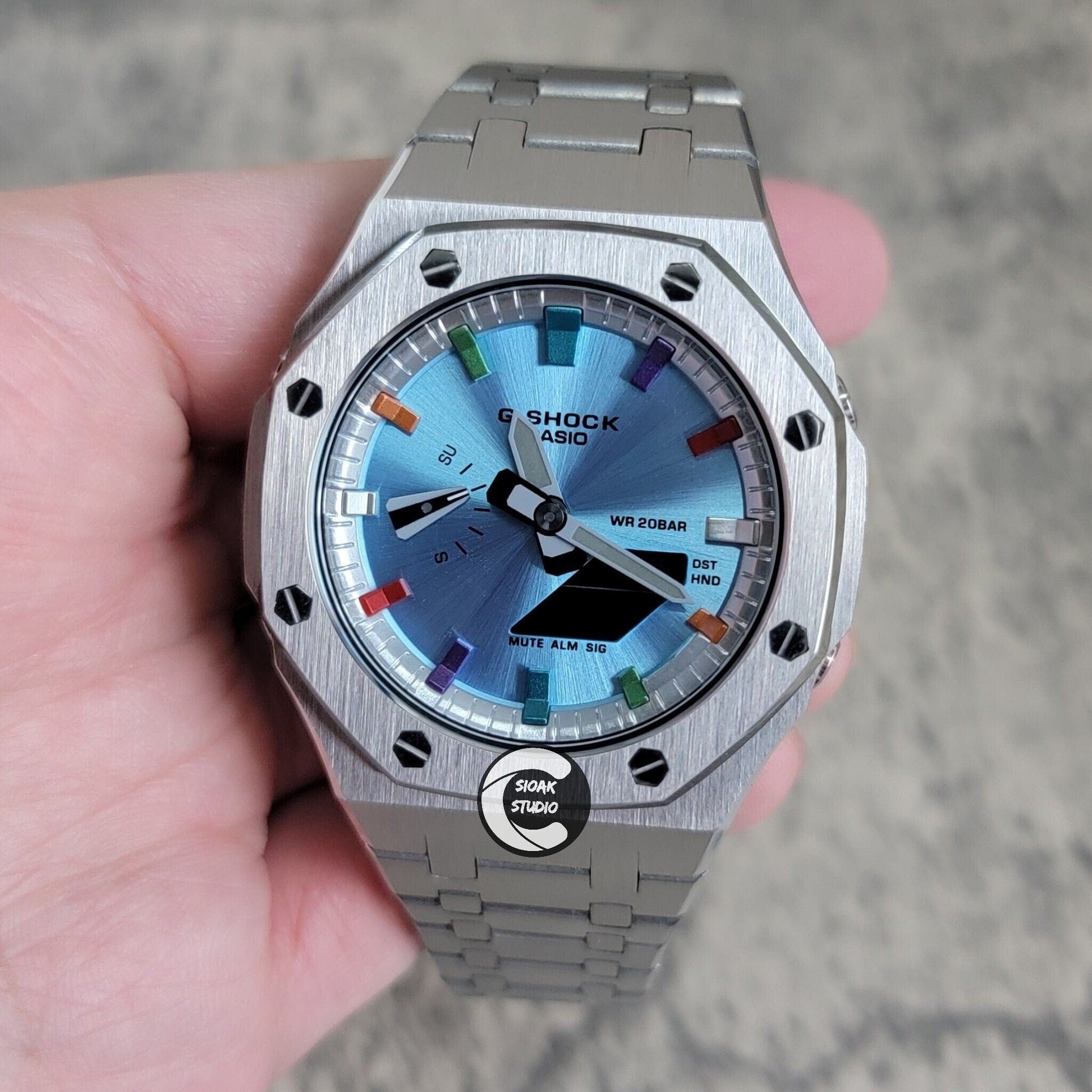 Casioak Mod Watch Silver Case Metal Strap Silver Metalliv Rainbow Time Mark Ice Blue Dial 44mm- Casioak Mod Casio G-Shock Royal Oak Custom Mens Luxury Watches Ga2100