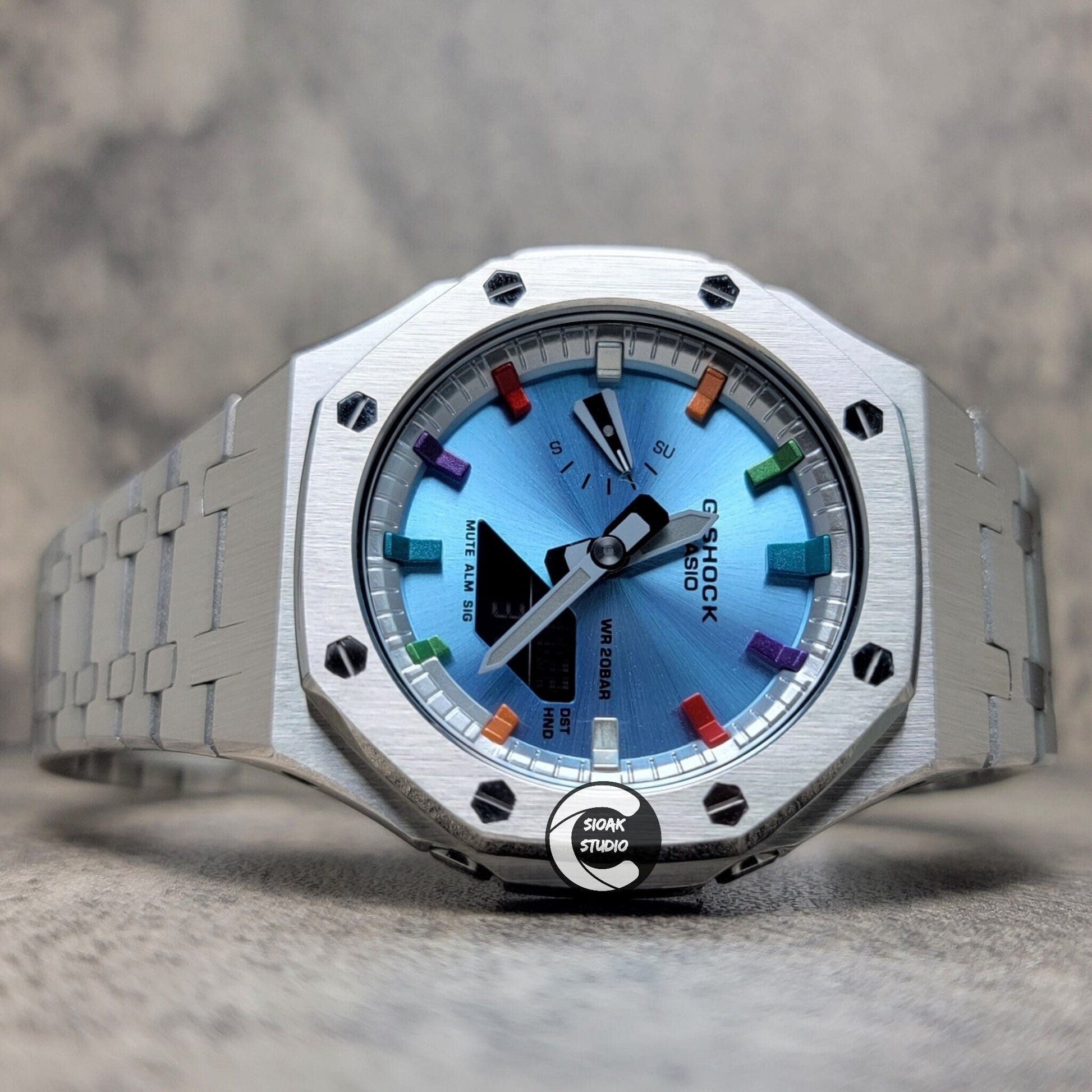 Casioak Mod Watch Silver Case Metal Strap Silver Metalliv Rainbow Time Mark Ice Blue Dial 44mm- Casioak Mod Casio G-Shock Royal Oak Custom Mens Luxury Watches Ga2100