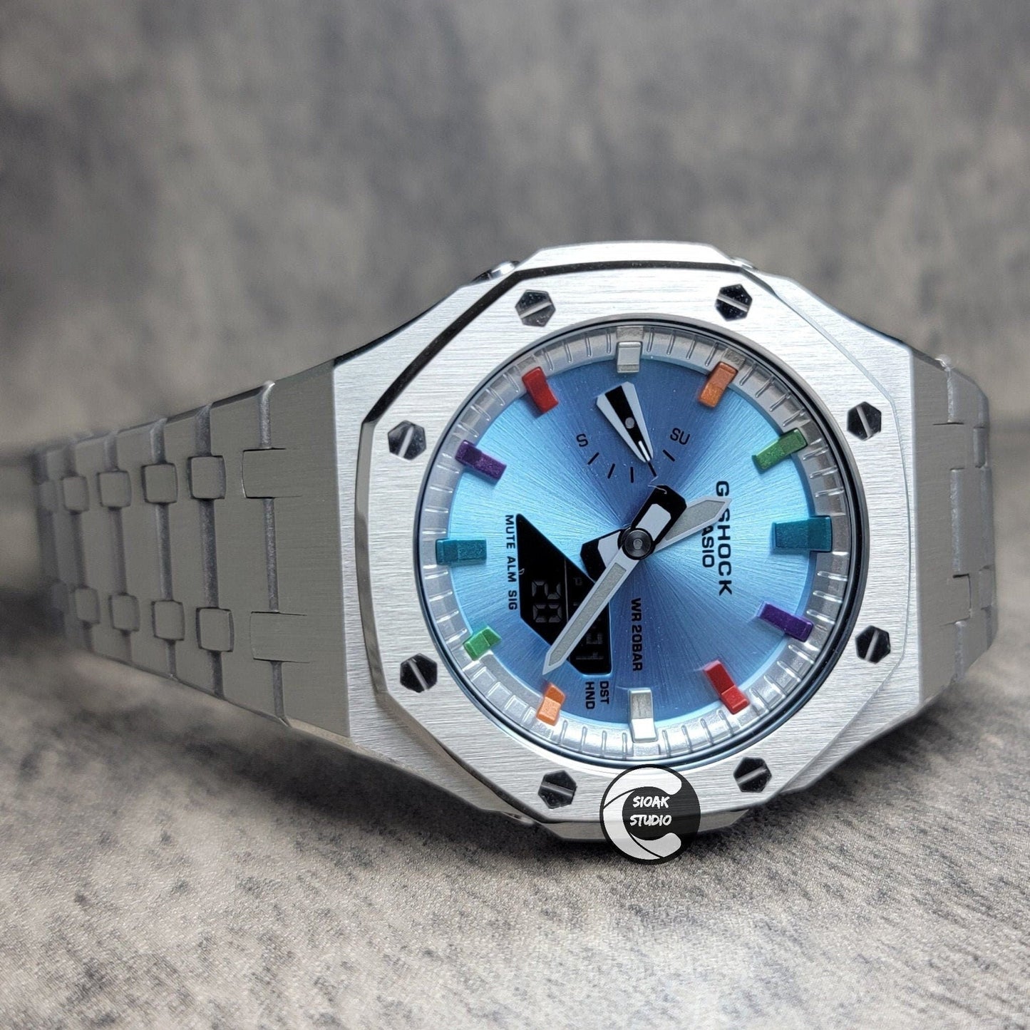 Casioak Mod Watch Silver Case Metal Strap Silver Metalliv Rainbow Time Mark Ice Blue Dial 44mm- Casioak Mod Casio G-Shock Royal Oak Custom Mens Luxury Watches Ga2100