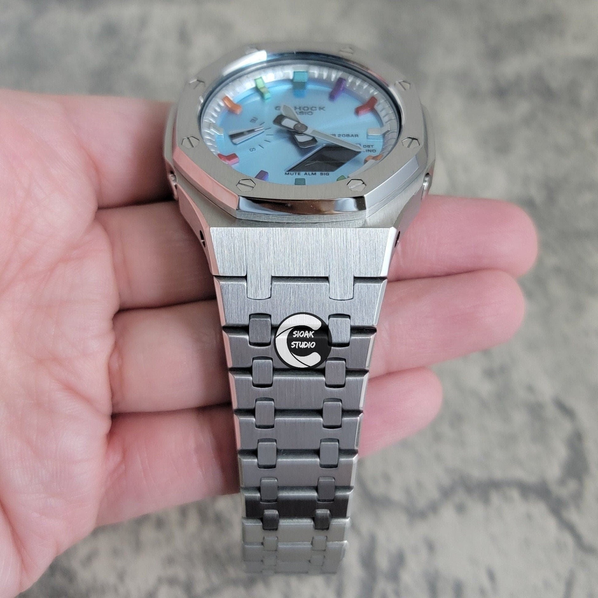 Casioak Mod Watch Silver Case Metal Strap Silver Metalliv Rainbow Time Mark Ice Blue Dial 44mm- Casioak Mod Casio G-Shock Royal Oak Custom Mens Luxury Watches Ga2100