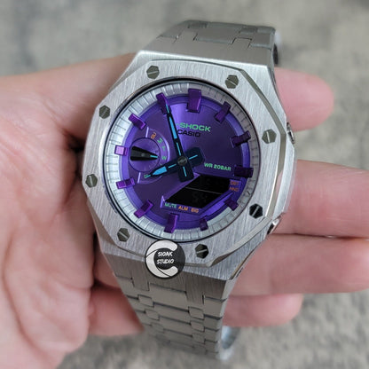 Casioak Mod Watch Silver Case Metal Strap Silver Purple Time Mark Purple Dial 44mm  Unique Special- Casioak Mod Casio G-Shock Royal Oak Custom Mens Luxury Watches Ga2100