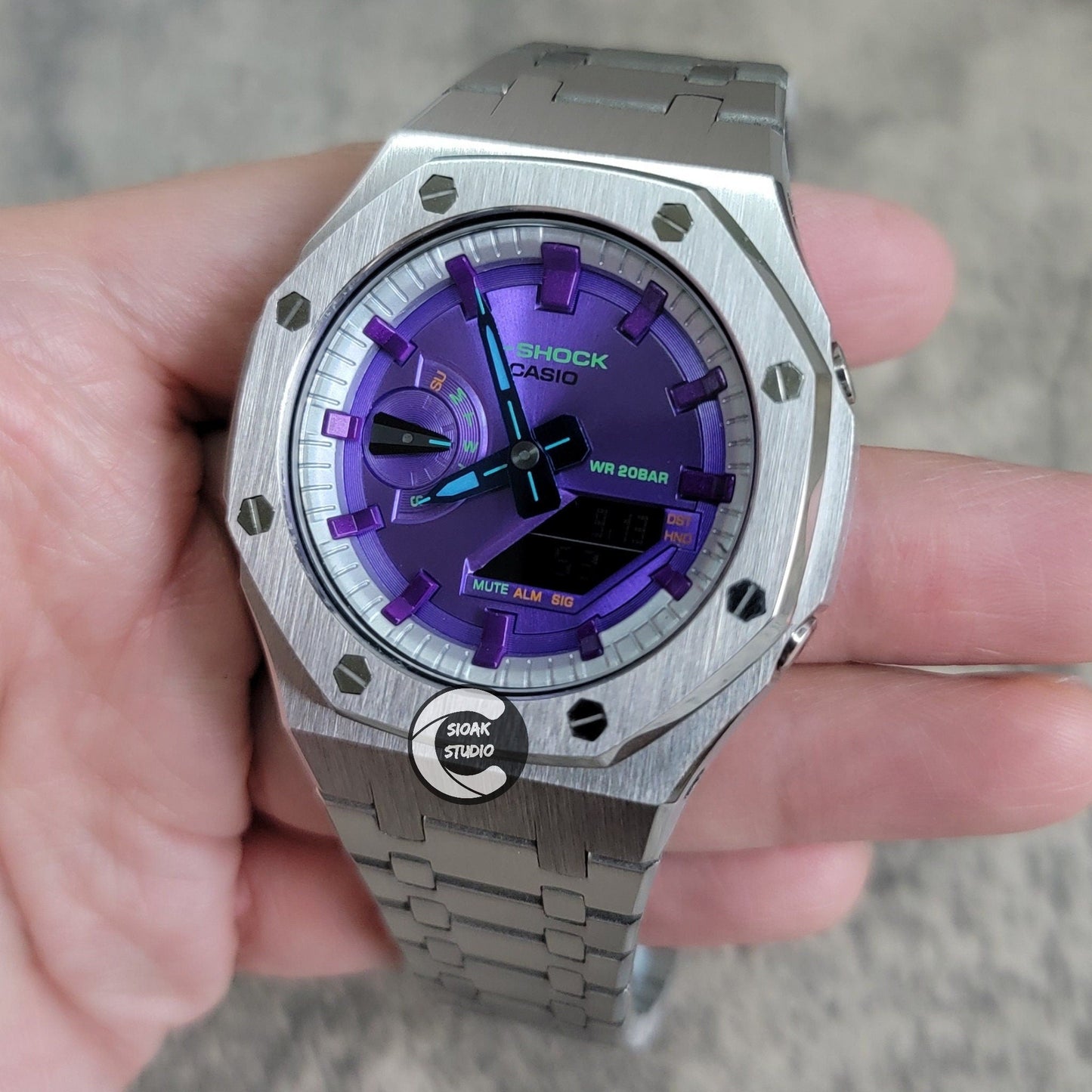 Casioak Mod Watch Silver Case Metal Strap Silver Purple Time Mark Purple Dial 44mm  Unique Special- Casioak Mod Casio G-Shock Royal Oak Custom Mens Luxury Watches Ga2100