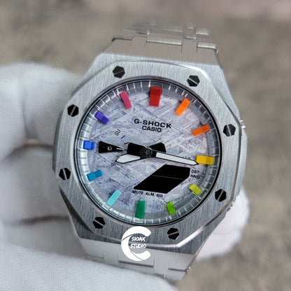 Casioak Mod Watch Silver Case Metal Strap Silver Rainbow Time Mark Meteorite Dial 44mm- Casioak Mod Casio G-Shock Royal Oak Custom Mens Luxury Watches Ga2100