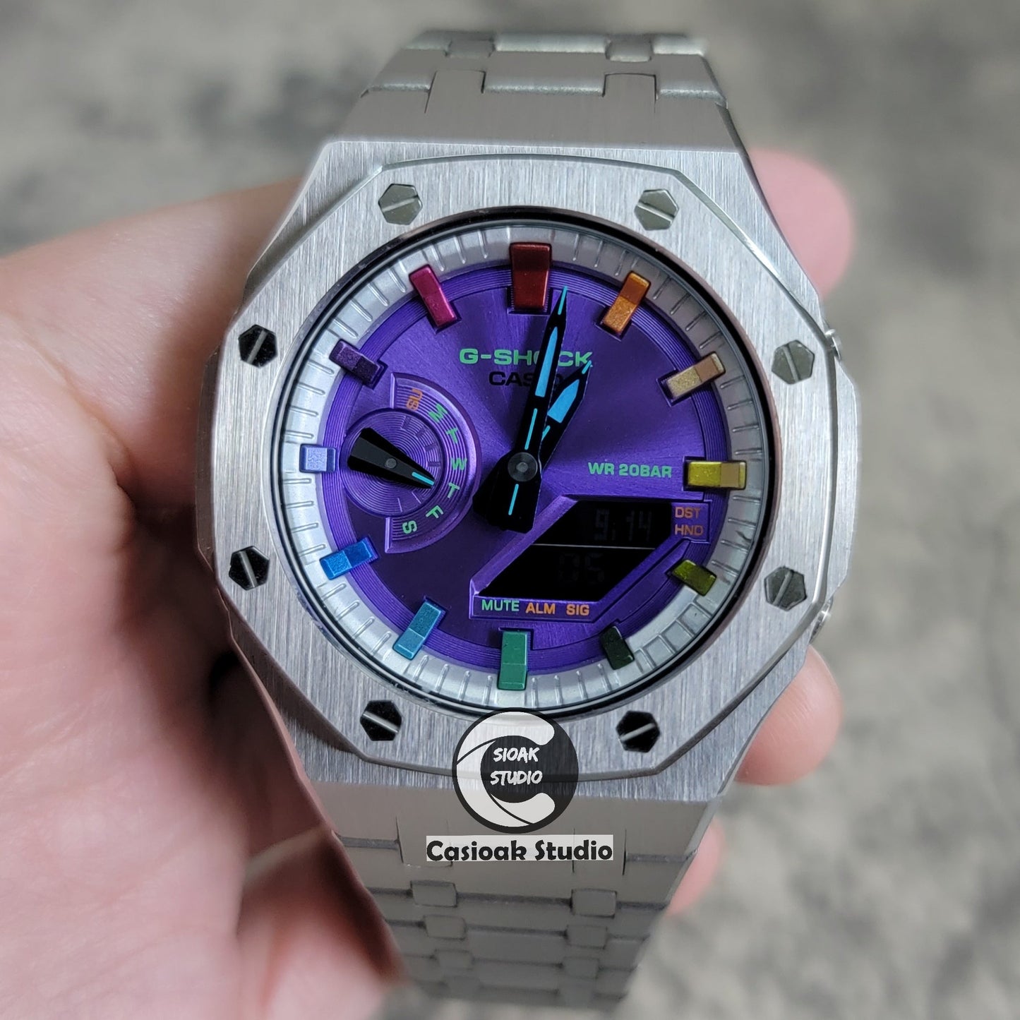 Casioak Mod Watch Silver Case Metal Strap Silver Rainbow Time Mark Purple Dial 44mm- Casioak Mod Casio G-Shock Royal Oak Custom Mens Luxury Watches Ga2100