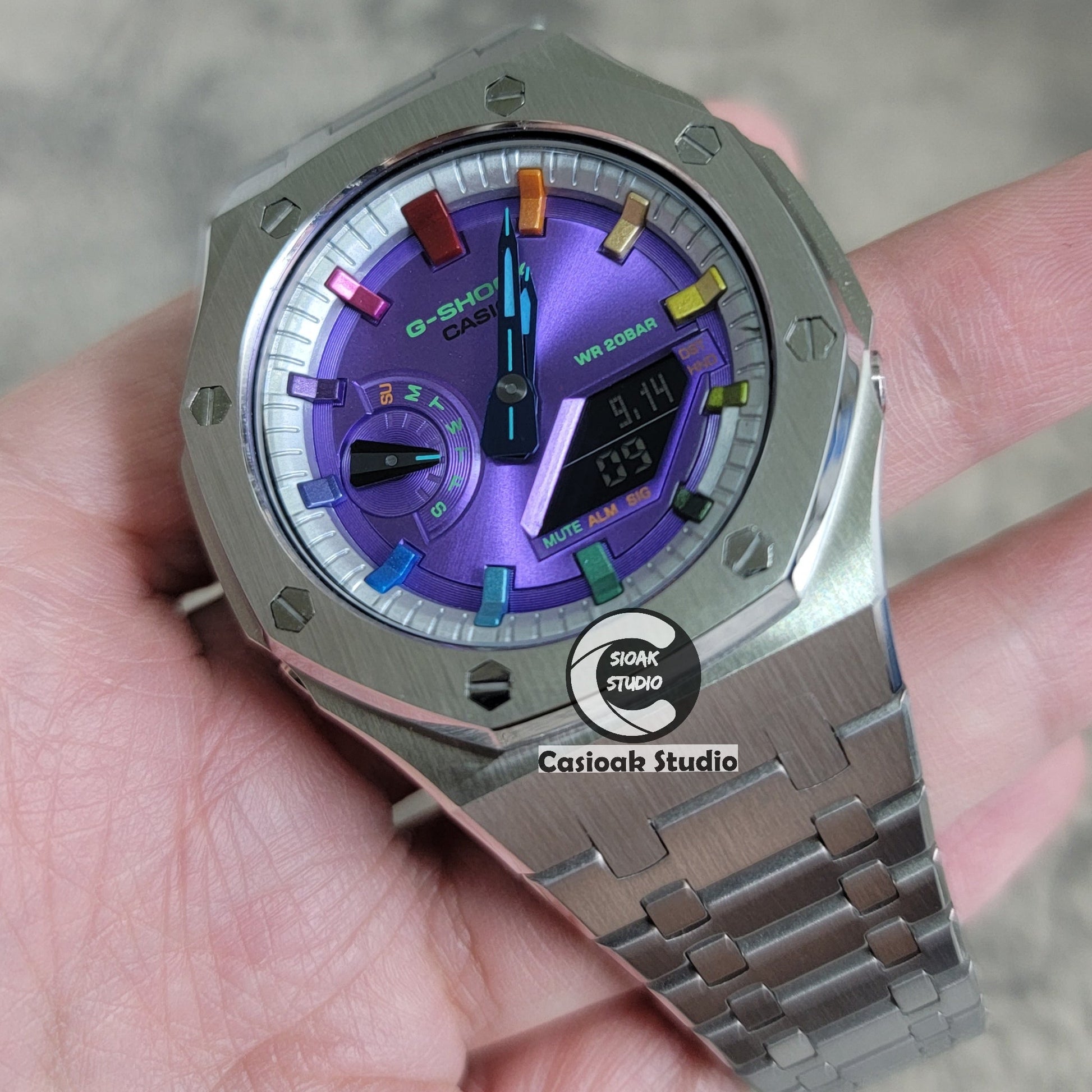 Casioak Mod Watch Silver Case Metal Strap Silver Rainbow Time Mark Purple Dial 44mm- Casioak Mod Casio G-Shock Royal Oak Custom Mens Luxury Watches Ga2100