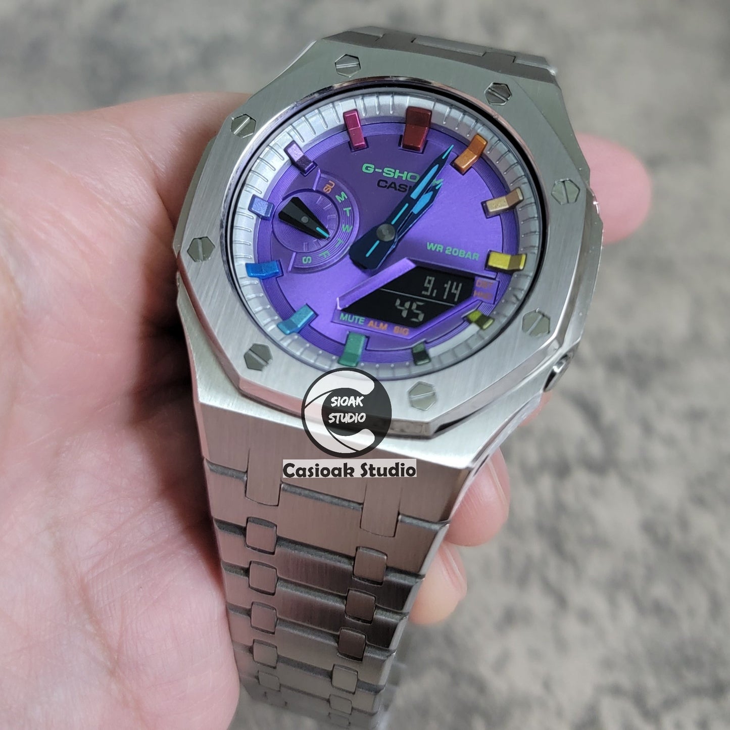 Casioak Mod Watch Silver Case Metal Strap Silver Rainbow Time Mark Purple Dial 44mm- Casioak Mod Casio G-Shock Royal Oak Custom Mens Luxury Watches Ga2100