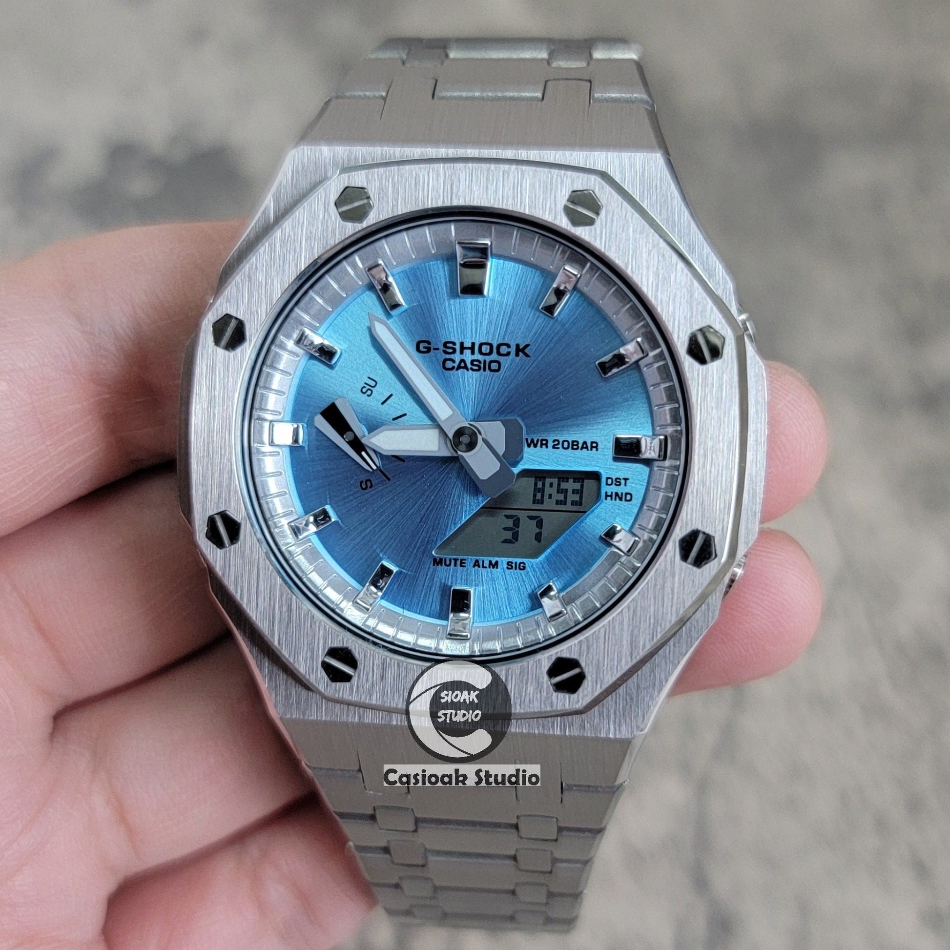 Casioak Mod Watch Silver Case Metal Strap Silver Time Mark Blue Dial 44mm- Casioak Mod Casio G-Shock Royal Oak Custom Mens Luxury Watches Ga2100