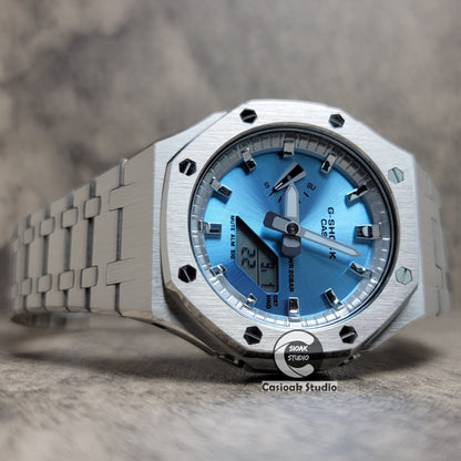 Casioak Mod Watch Silver Case Metal Strap Silver Time Mark Blue Dial 44mm- Casioak Mod Casio G-Shock Royal Oak Custom Mens Luxury Watches Ga2100