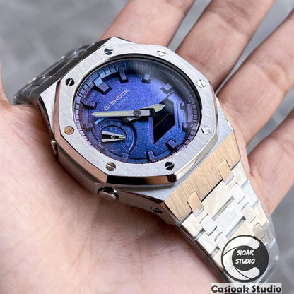 Casioak Mod Watch Silver Case Metal Strap Silver Time Mark Blue Dial 44mm- Casioak Mod Casio G-Shock Royal Oak Custom Mens Luxury Watches Ga2100