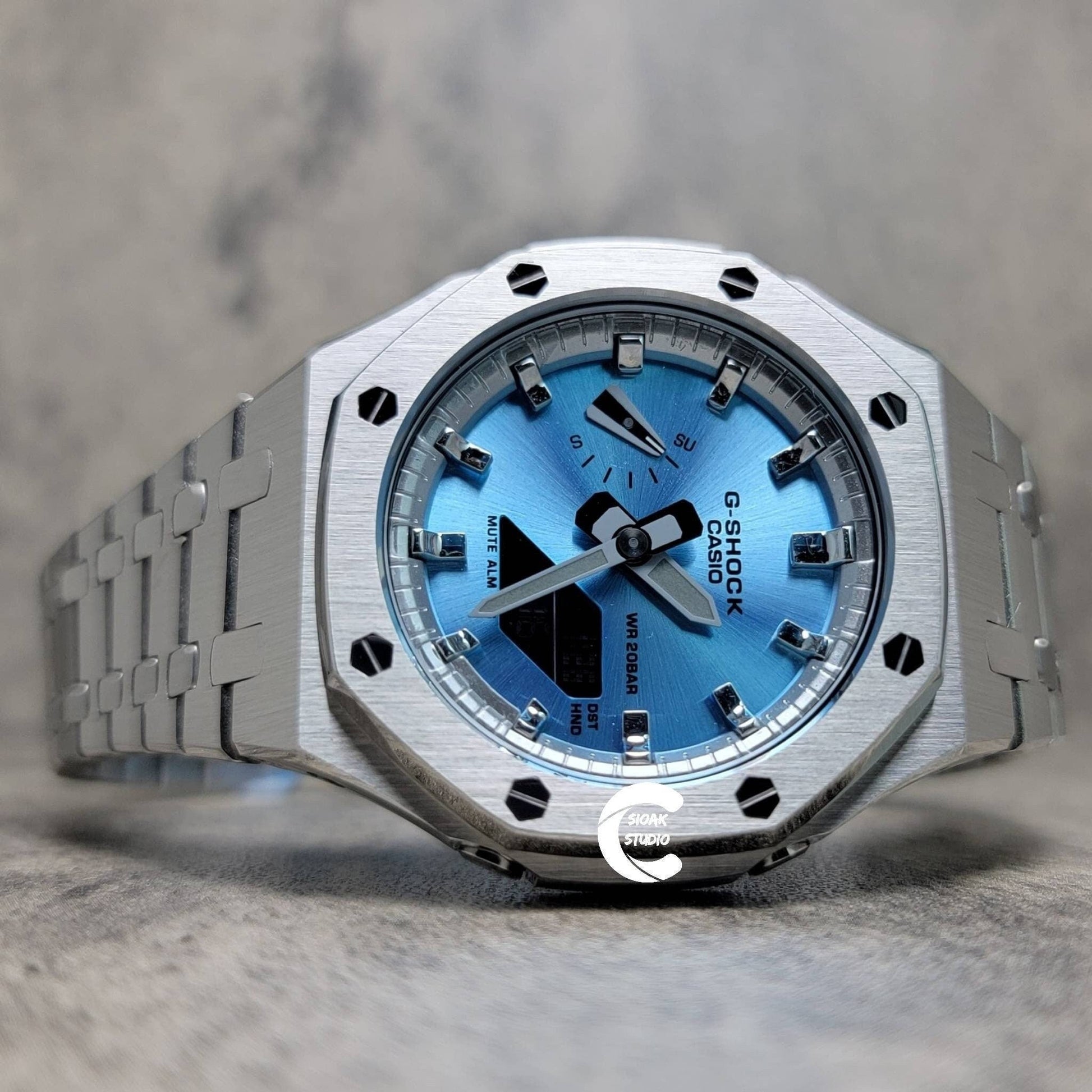 Casioak Mod Watch Silver Case Metal Strap Silver Time Mark Ice Blue Dial 44mm- Casioak Mod Casio G-Shock Royal Oak Custom Mens Luxury Watches Ga2100