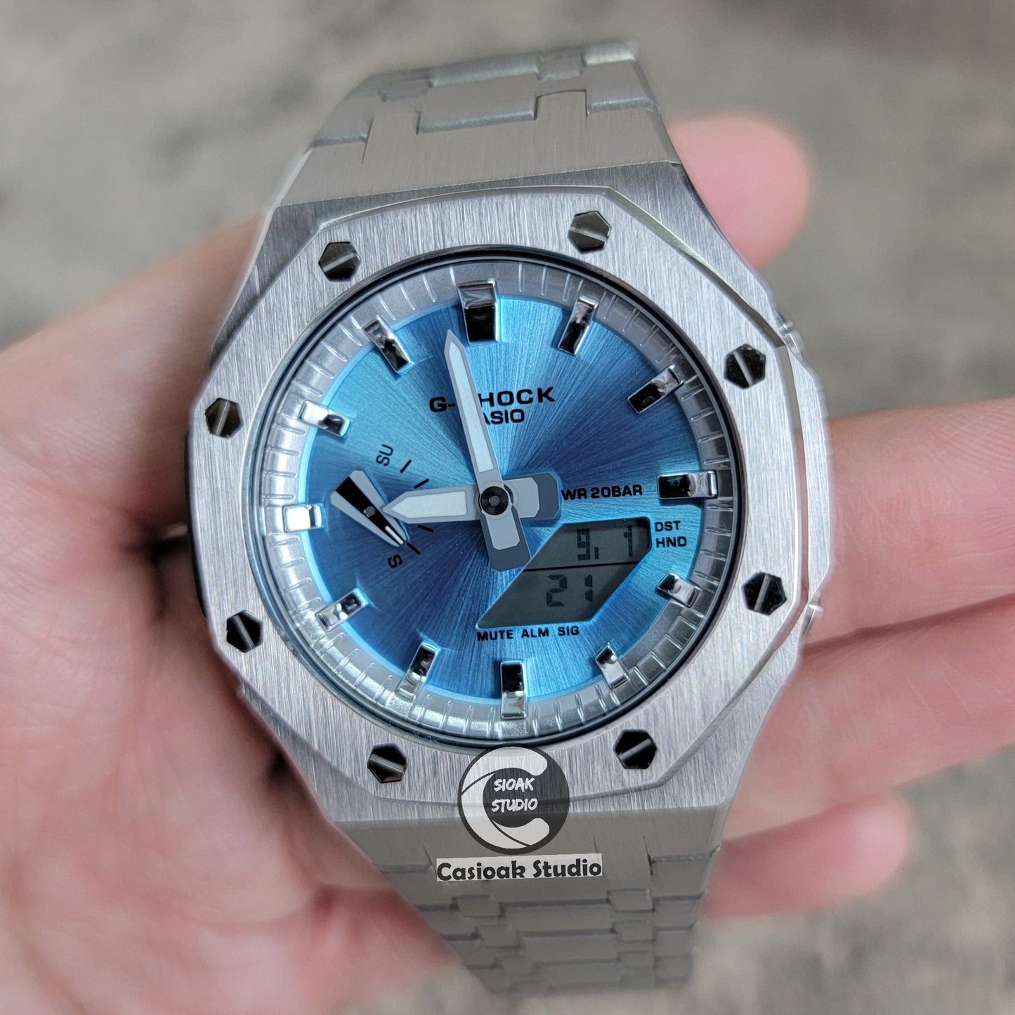 Casioak Mod Watch Silver Case Metal Strap Silver Time Mark Ice Blue Dial 44mm- Casioak Mod Casio G-Shock Royal Oak Custom Mens Luxury Watches Ga2100