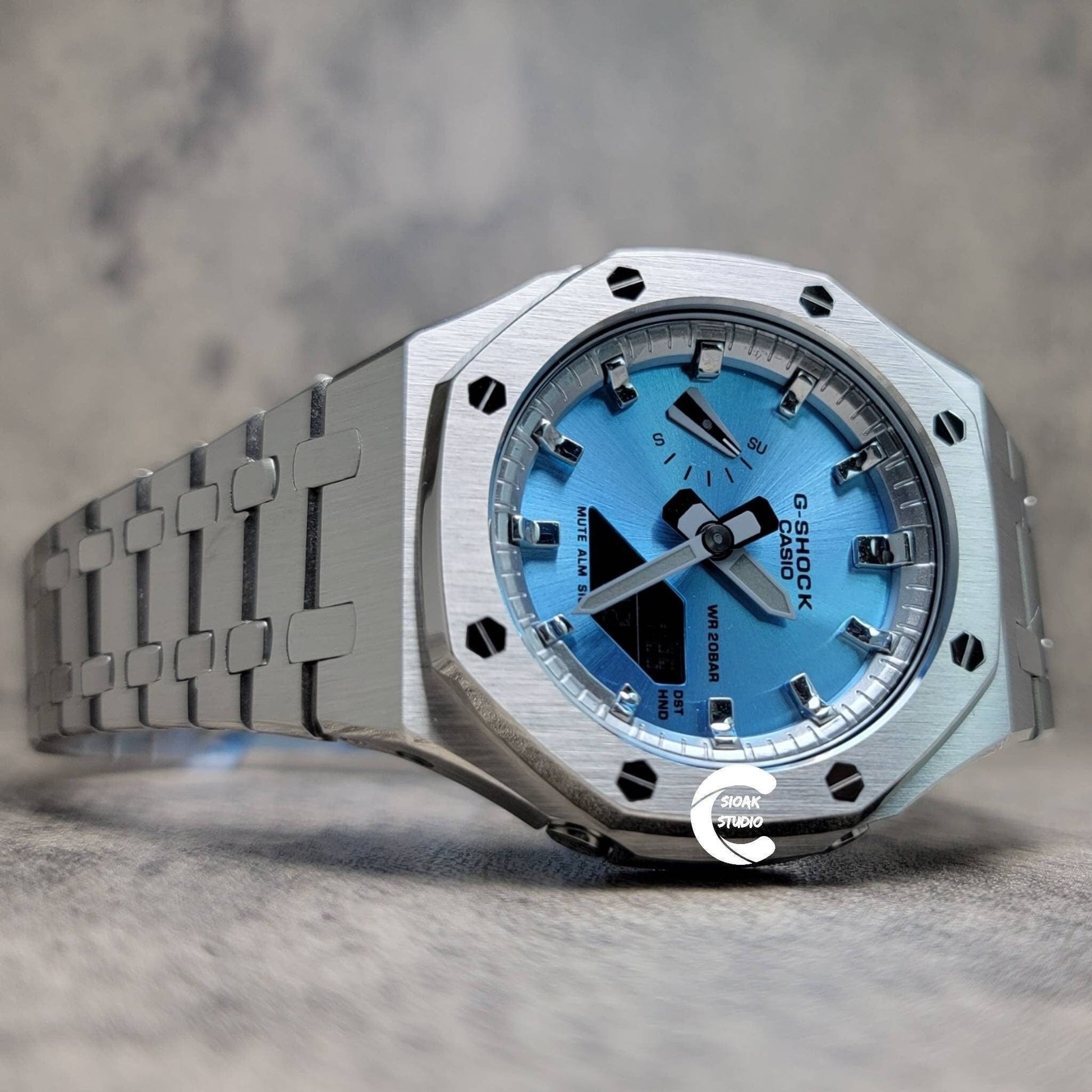 Casioak Mod Watch Silver Case Metal Strap Silver Time Mark Ice Blue Dial 44mm- Casioak Mod Casio G-Shock Royal Oak Custom Mens Luxury Watches Ga2100