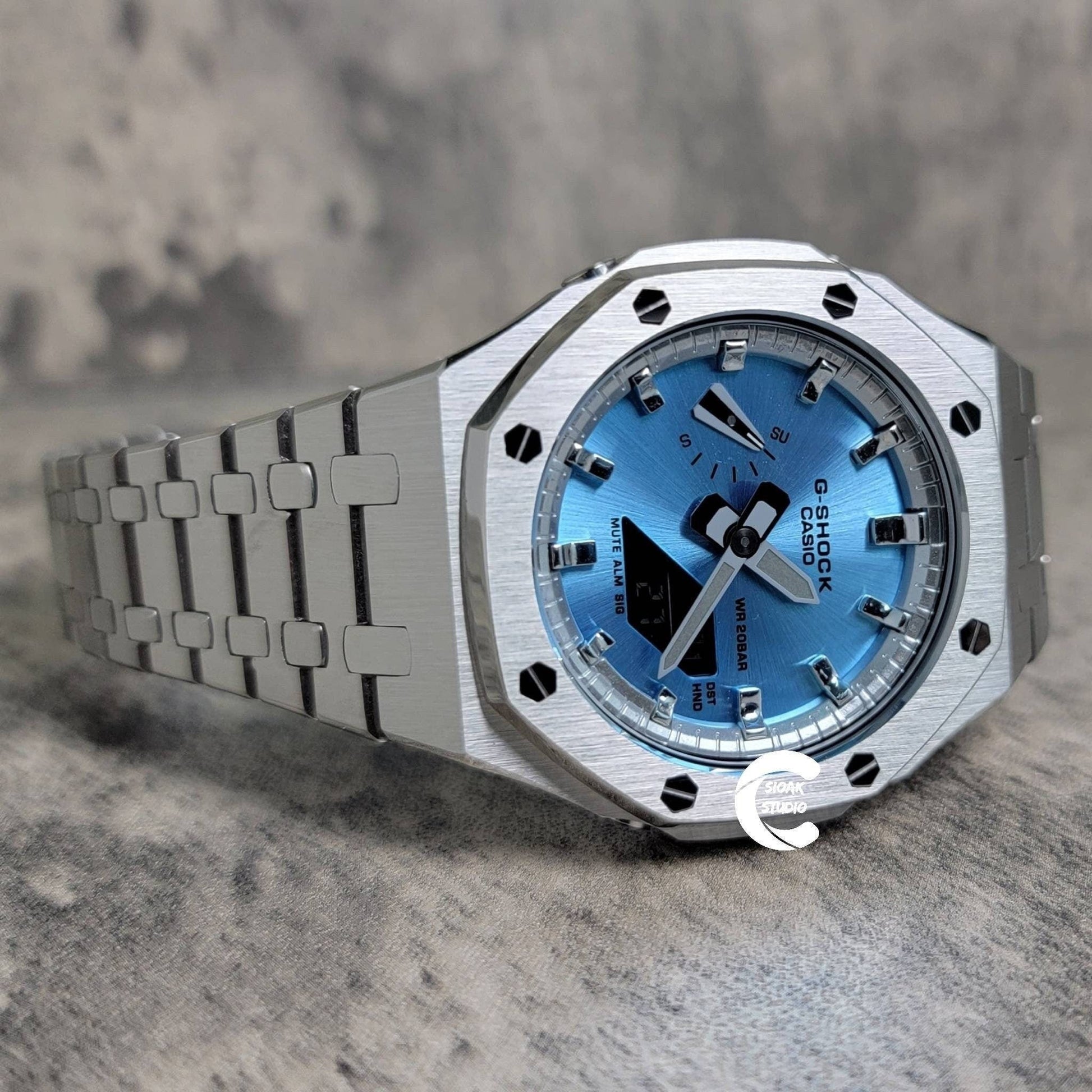 Casioak Mod Watch Silver Case Metal Strap Silver Time Mark Ice Blue Dial 44mm- Casioak Mod Casio G-Shock Royal Oak Custom Mens Luxury Watches Ga2100