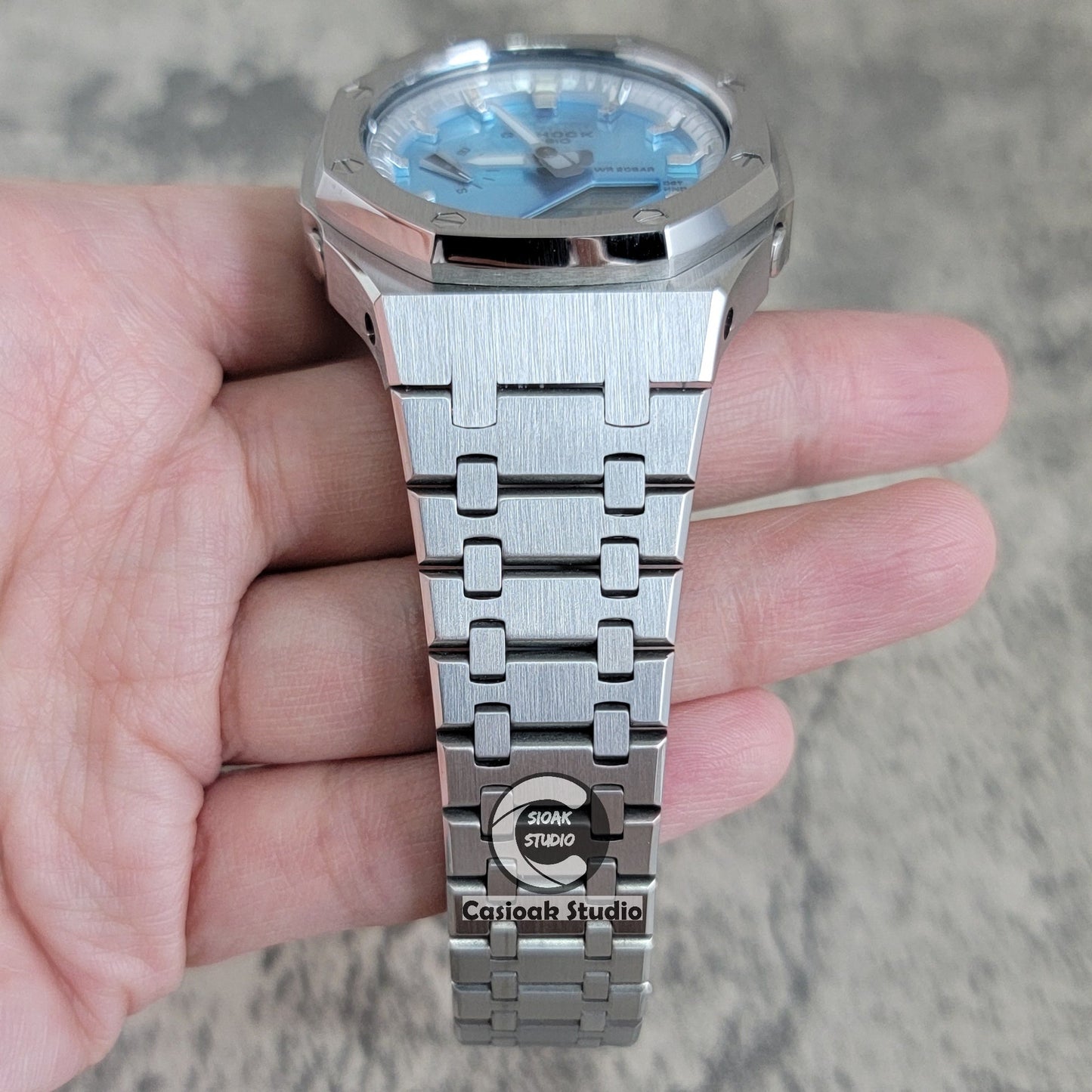 Casioak Mod Watch Silver Case Metal Strap Silver Time Mark Ice Blue Dial 44mm- Casioak Mod Casio G-Shock Royal Oak Custom Mens Luxury Watches Ga2100