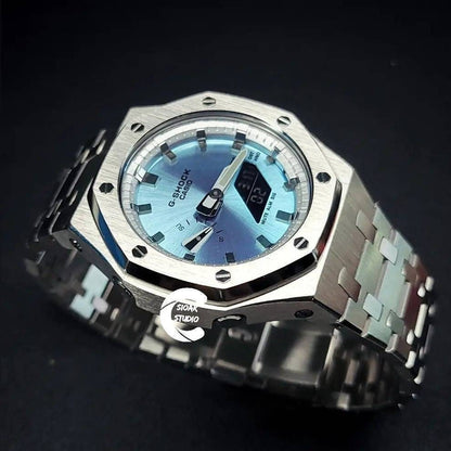 Casioak Mod Watch Silver Case Metal Strap Silver Time Mark Ice Blue Dial 44mm- Casioak Mod Casio G-Shock Royal Oak Custom Mens Luxury Watches Ga2100