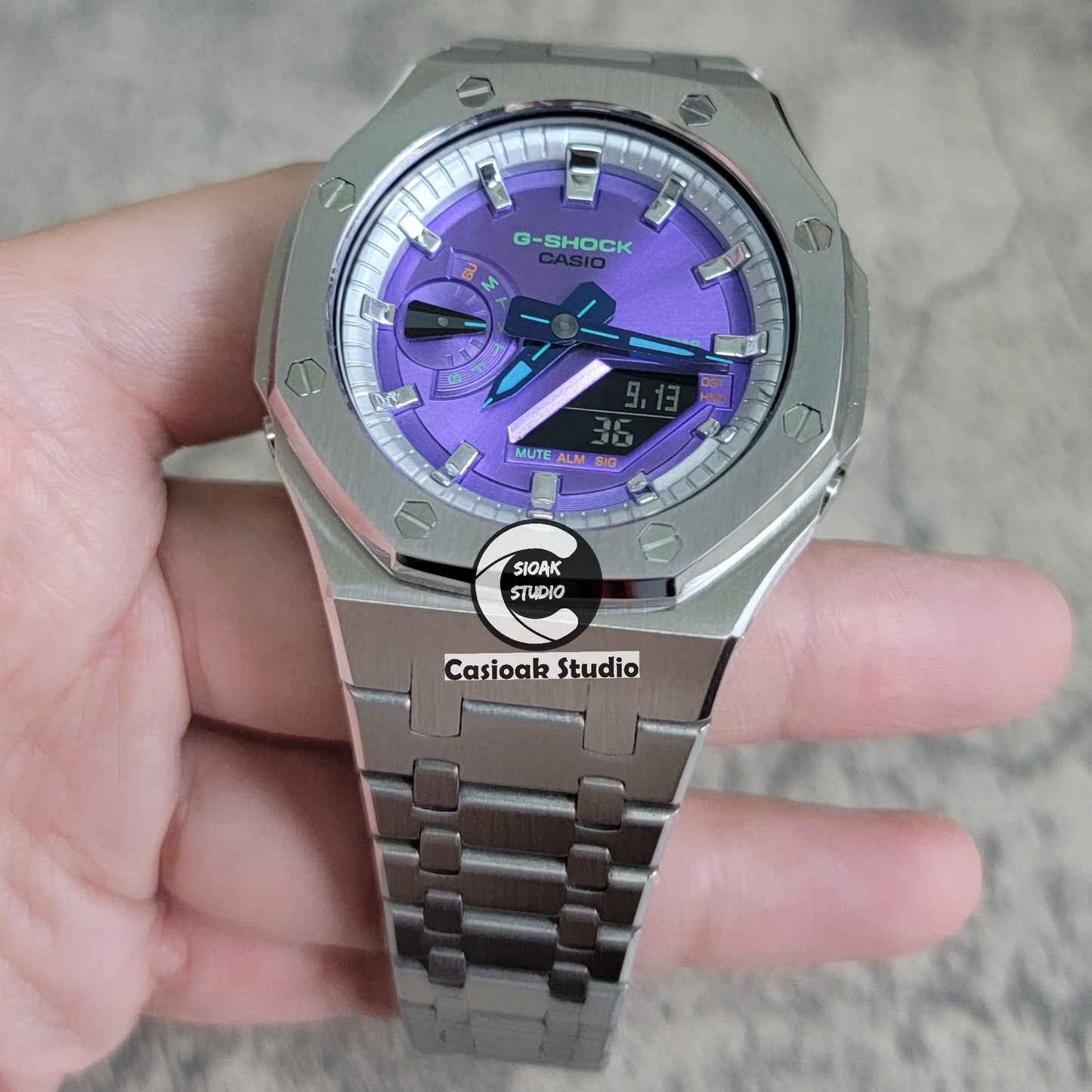 Casioak Mod Watch Silver Case Metal Strap Silver Time Mark Purple Dial 44mm- Casioak Mod Casio G-Shock Royal Oak Custom Mens Luxury Watches Ga2100