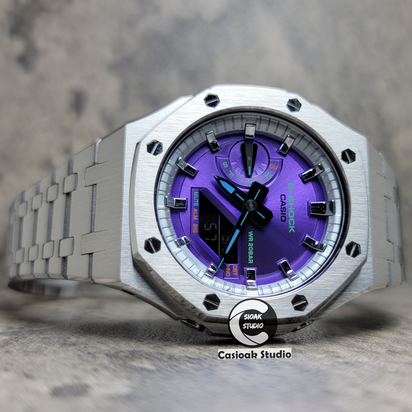 Casioak Mod Watch Silver Case Metal Strap Silver Time Mark Purple Dial 44mm- Casioak Mod Casio G-Shock Royal Oak Custom Mens Luxury Watches Ga2100