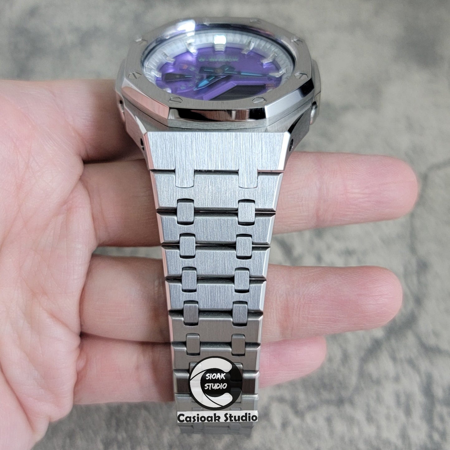 Casioak Mod Watch Silver Case Metal Strap Silver Time Mark Purple Dial 44mm- Casioak Mod Casio G-Shock Royal Oak Custom Mens Luxury Watches Ga2100