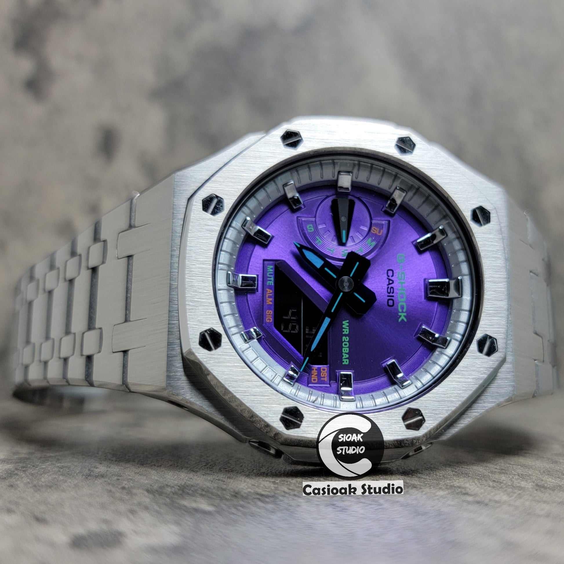 Casioak Mod Watch Silver Case Metal Strap Silver Time Mark Purple Dial 44mm- Casioak Mod Casio G-Shock Royal Oak Custom Mens Luxury Watches Ga2100