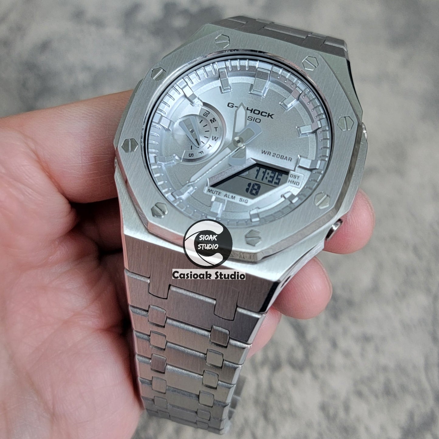 Casioak Mod Watch Silver Case Metal Strap Silver Time Mark Silver Dial 44mm- Casioak Mod Casio G-Shock Royal Oak Custom Mens Luxury Watches Ga2100