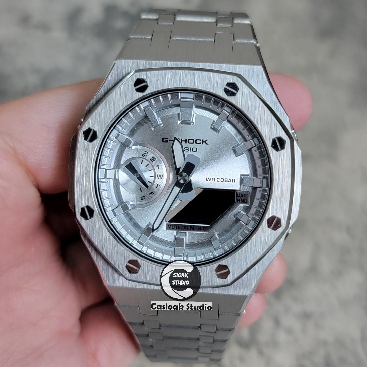 Casioak Mod Watch Silver Case Metal Strap Silver Time Mark Silver Dial 44mm- Casioak Mod Casio G-Shock Royal Oak Custom Mens Luxury Watches Ga2100