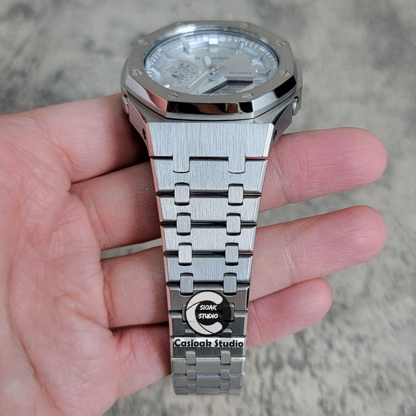 Casioak Mod Watch Silver Case Metal Strap Silver Time Mark Silver Dial 44mm- Casioak Mod Casio G-Shock Royal Oak Custom Mens Luxury Watches Ga2100