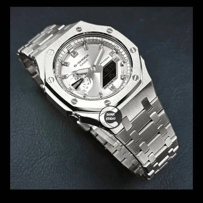 Casioak Mod Watch Silver Case Metal Strap Silver Time Mark Silver Dial 44mm Personalized- Casioak Mod Casio G-Shock Royal Oak Custom Mens Luxury Watches Ga2100