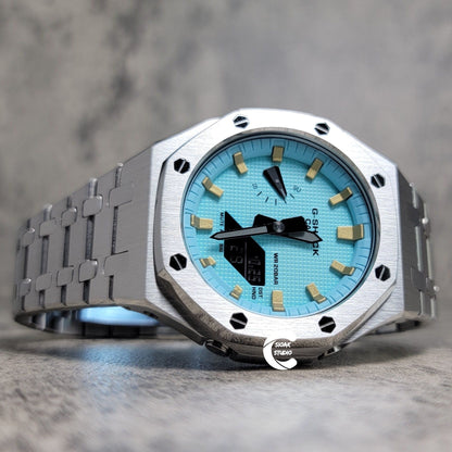 Casioak Mod Watch Silver Case Metal Strap Tiff Gold Time Mark Tiff Blue Dial 44mm- Casioak Mod Casio G-Shock Royal Oak Custom Mens Luxury Watches Ga2100