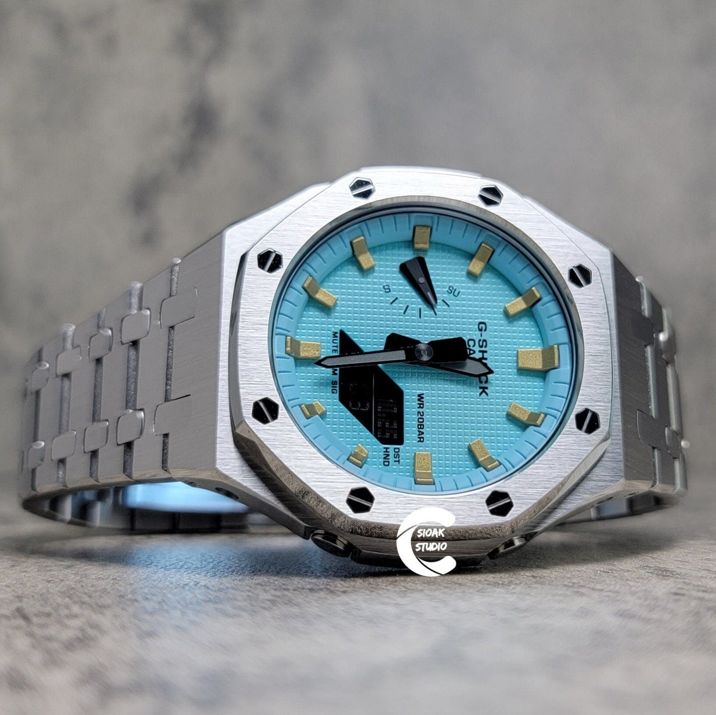 Casioak Mod Watch Silver Case Metal Strap Tiff Gold Time Mark Tiff Blue Dial 44mm- Casioak Mod Casio G-Shock Royal Oak Custom Mens Luxury Watches Ga2100