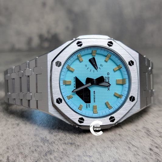 Casioak Mod Watch Silver Case Metal Strap Tiff Gold Time Mark Tiff Blue Dial 44mm- Casioak Mod Casio G-Shock Royal Oak Custom Mens Luxury Watches Ga2100