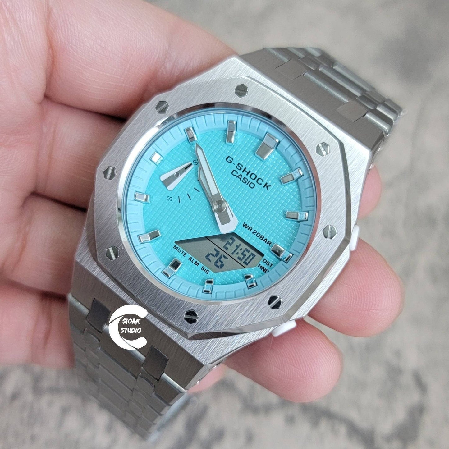 Casioak Mod Watch Silver Case Metal Strap Tiff Silver Time Mark Tiff Blue Dial 42mm- Casioak Mod Casio G-Shock Royal Oak Custom Mens Luxury Watches Ga2100