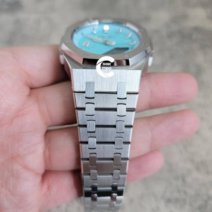 Casioak Mod Watch Silver Case Metal Strap Tiff Silver Time Mark Tiff Blue Dial 42mm- Casioak Mod Casio G-Shock Royal Oak Custom Mens Luxury Watches Ga2100