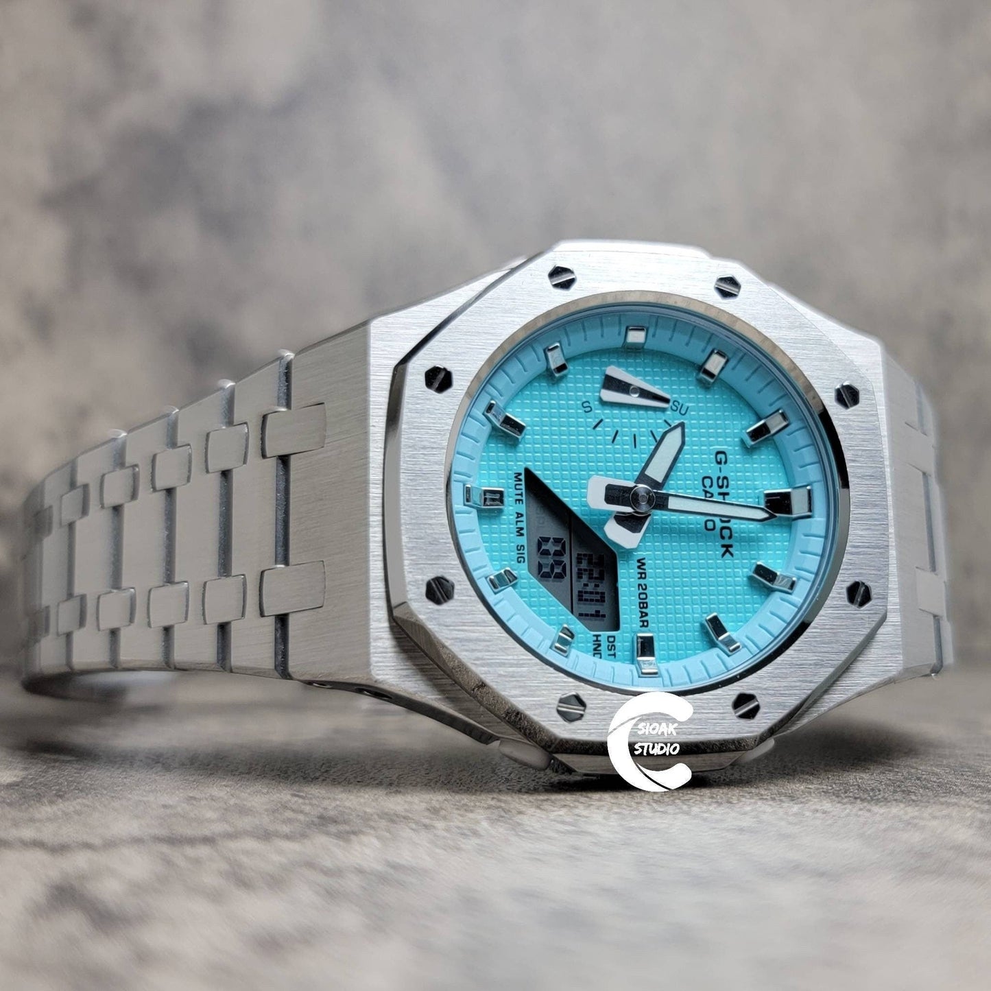 Casioak Mod Watch Silver Case Metal Strap Tiff Silver Time Mark Tiff Blue Dial 42mm- Casioak Mod Casio G-Shock Royal Oak Custom Mens Luxury Watches Ga2100